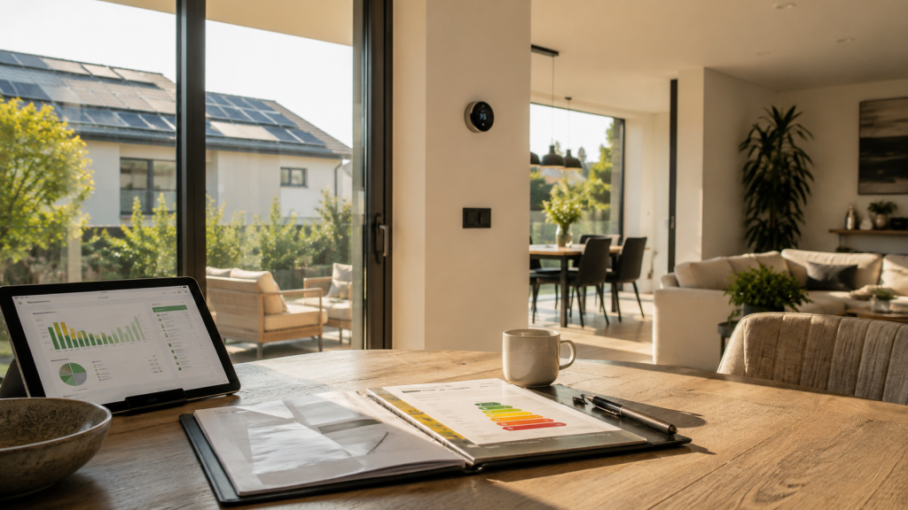 Interior de una vivienda moderna y luminosa con informe de certificación energética sobre una mesa, reflejando el valor de la eficiencia energética en el sector inmobiliario.