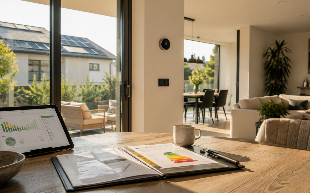 Interior de una vivienda moderna y luminosa con informe de certificación energética sobre una mesa, reflejando el valor de la eficiencia energética en el sector inmobiliario.